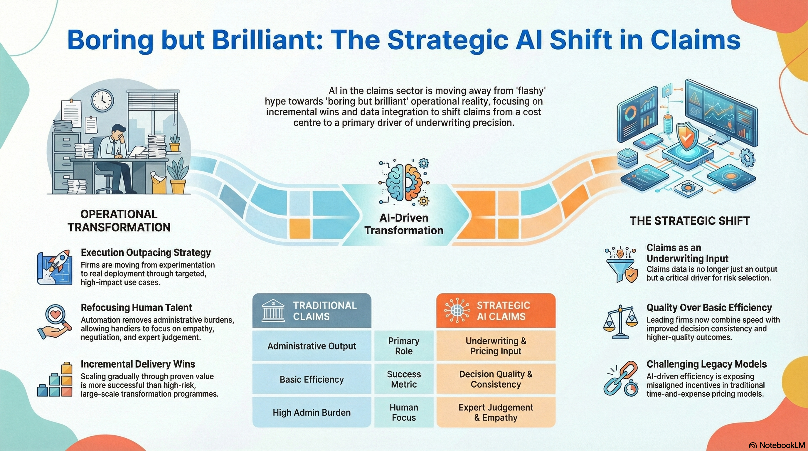 AI in Claims: From “Boring but Brilliant” Automation to Strategic Differentiation infographic