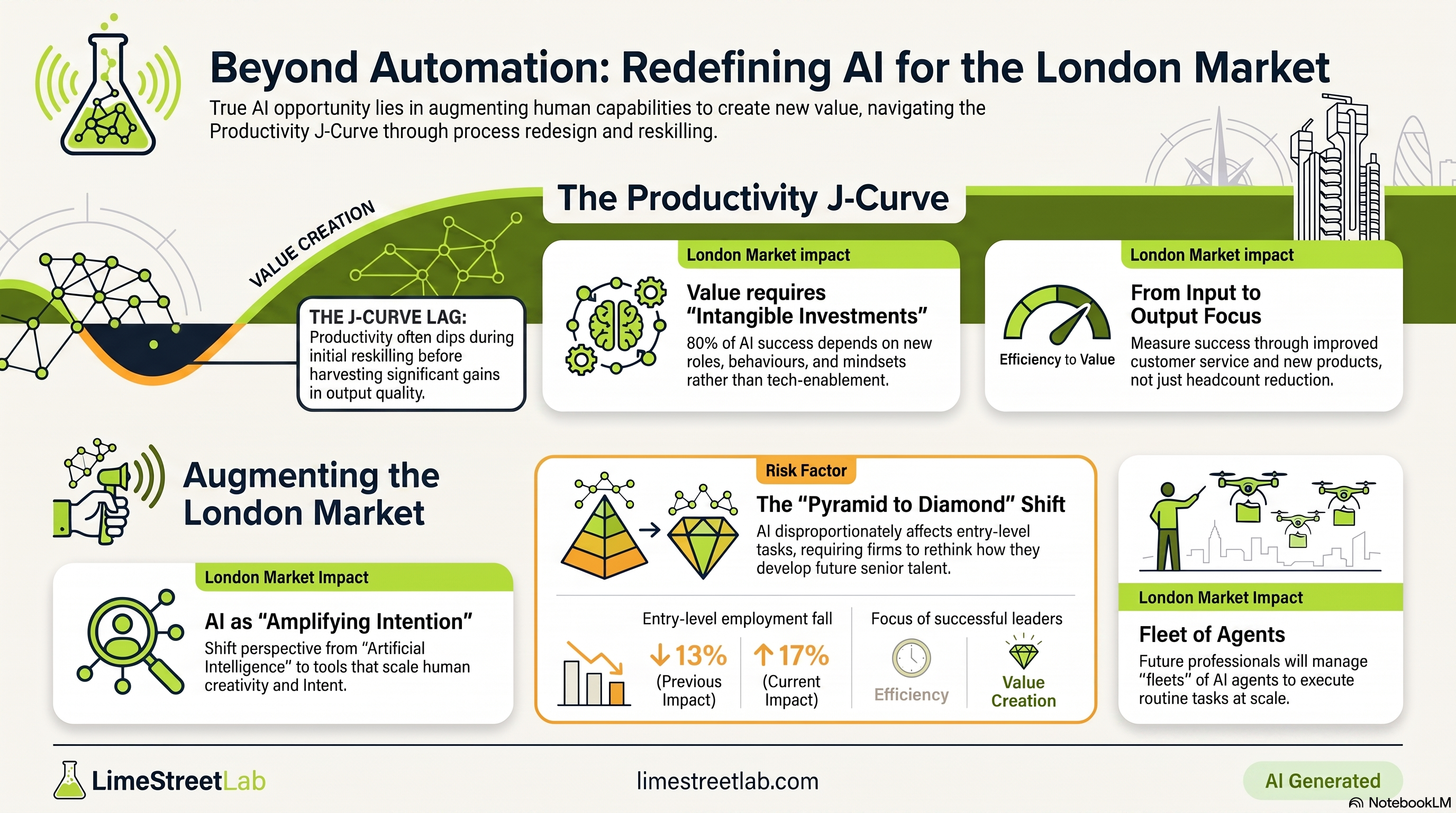 The AI Transformation Framework: Navigating the Productivity J-Curve infographic